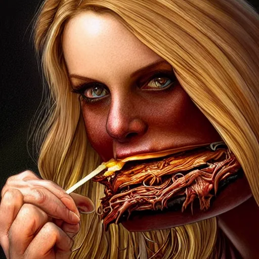 Prompt: Morbidly Obese Ann Coulter eating pulled pork sandwich oozing bbq sauce, closeup, D&D, fantasy, intricate, elegant, highly detailed, digital painting, artstation, concept art, matte, sharp focus, illustration, art by Artgerm and Greg Rutkowski and Alphonse Mucha