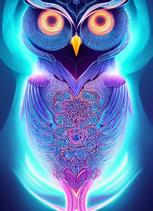 Image similar to symmetry!! product render poster vivid colors divine proportion owl, 神 圣, glowing fog intricate, elegant, highly detailed, digital painting, artstation, concept art, smooth, sharp focus, illustration,