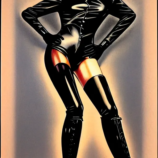 Image similar to woman with black hair in knee high leather boot, latex 1 9 8 0's art, airbrush style, art by hajime sorayama,, intricate, elegant, sharp focus, illustration, highly detailed, h 6 4 0
