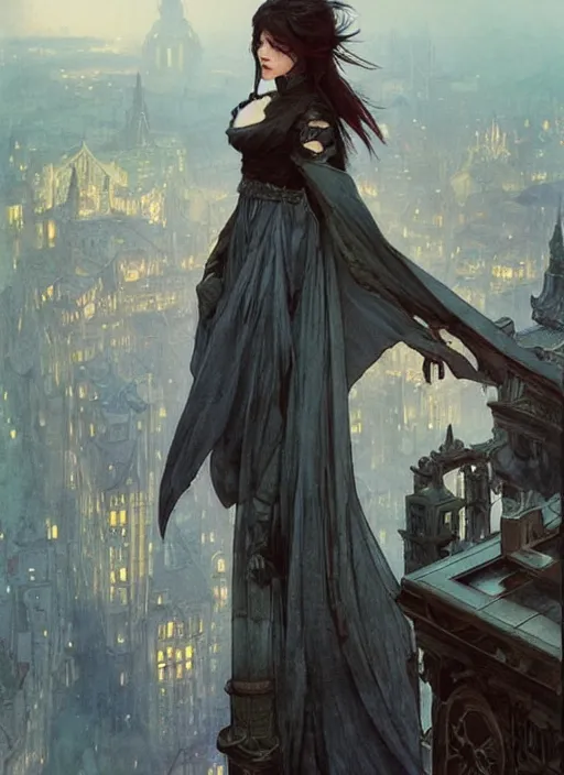 Prompt: a teenage girl with very short dark hair and a tattered grey cloak. she stands on top of a building in a gothic fantasy city. the sky has a red glow and ash is falling. beautiful painting by artgerm and greg rutkowski and alphonse mucha