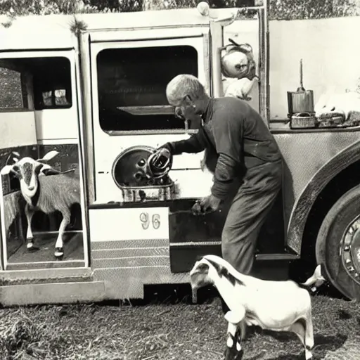 Prompt: a jew milking a goat in a fire truck