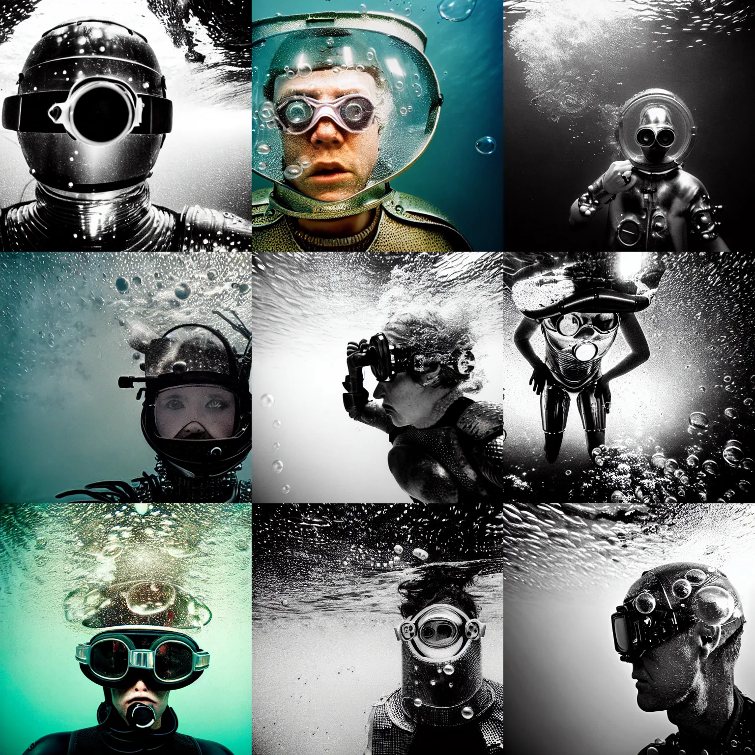 Prompt: Underwater photo of a stylish person in metal armor by Trent Parke, staring at a camera through a visor, close up, huge bubbles, metallic patterns, clean, detailed