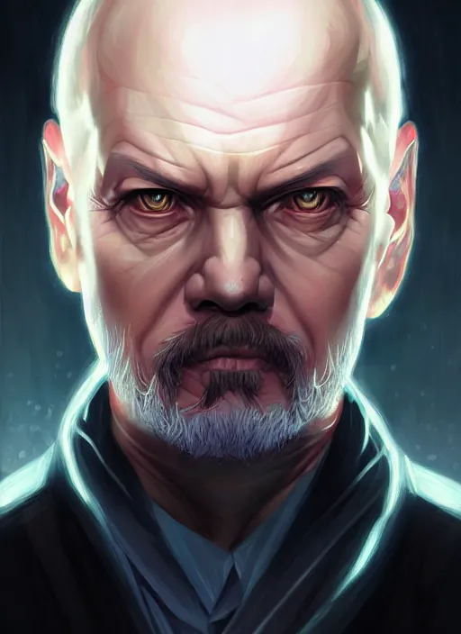 Image similar to « a portrait o cyberpunk vladimir lenin, glowing eyes, a digital painting by charlie bowater, featured on cgsociety, fantasy art, behance hd, wiccan, artstation hd »