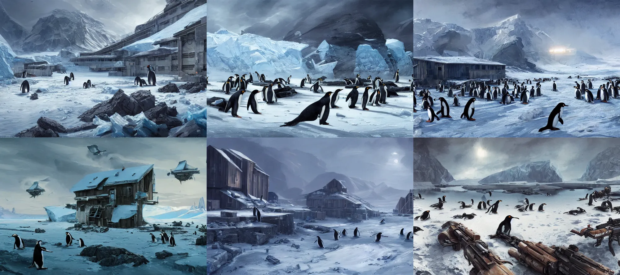 Prompt: deserted Antarctic base, penguins with guns attack, highly detailed, digital painting, artstation, concept art, smooth, sharp focus, illustration, art by greg rutkowski