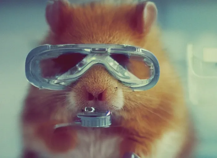 Prompt: film still of a hamster wearing goggles working in a research lab using a tiny microscope, 8 k