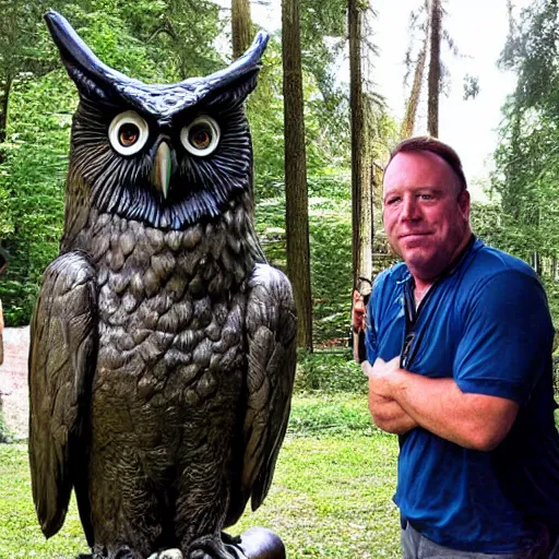 Image similar to alex jones at the bohemian grove. giant owl statue.