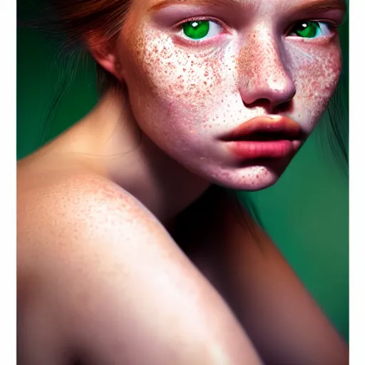 Image similar to beautiful hyperrealism hyperdetailed selfie of a cute young woman, long light bronze brown hair, flushed face, red blush, light freckles, puffy lips, soft features, emerald green eyes, 8 k, sharp focus, art by irakli nadar