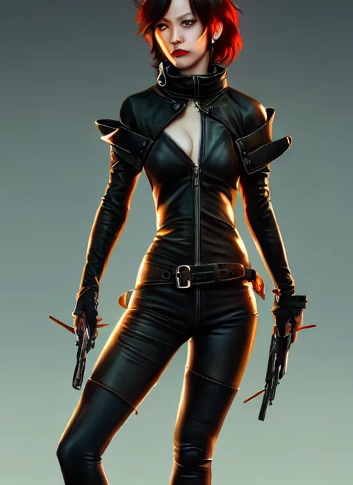 Prompt: rogue, leather bandit outfit!!! beautiful and athletic short hair female!! gorgeous face and eyes!! character concept art, sharp focus, octane render! unreal engine 5! highly rendered!! trending on artstation!! detailed linework!! illustration by artgerm, wlop, and chie yoshii