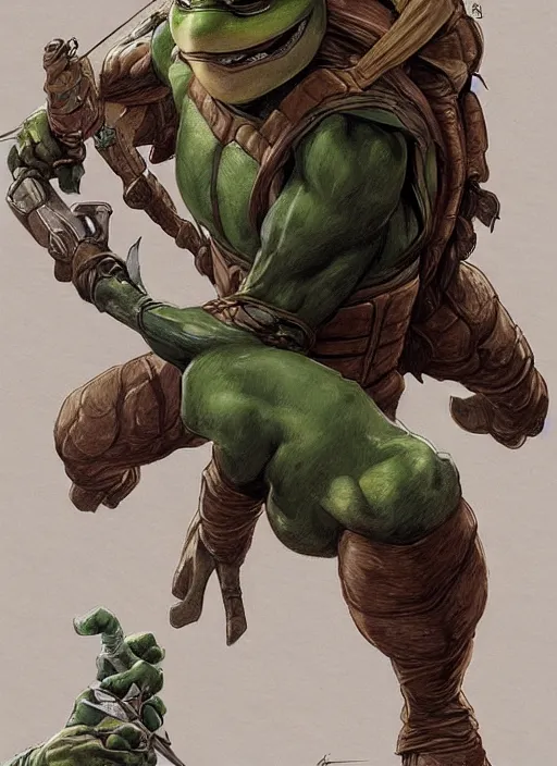 Image similar to elegant renaissance concept art of a male young muscular teenage mutant ninja turtle 1 9 9 0 film, full figure dynamic fighting pose, fantasy, intricate, highly detailed, digital painting, artstation, smooth, sharp focus, illustration, art by artgerm and greg rutkowski and alphonse mucha