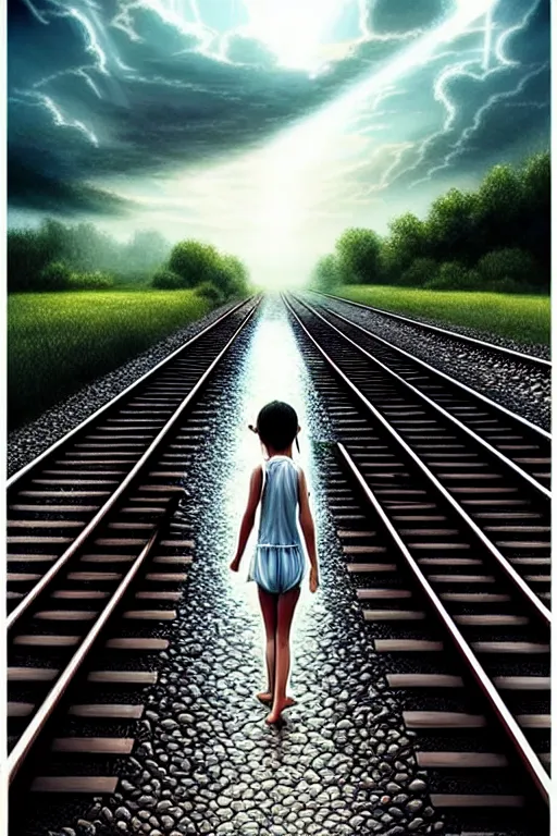 Image similar to reflective water submerges invisible underwater train tracks as a barefoot girl carries her shoes, there is a train station in the distance and large white clouds on a wide horizon, intricate, elegant, highly detailed, digital photo, artstation, concept art, smooth, sharp focus, low angle photo, art by artgerm and greg rutkowski and fra angelico