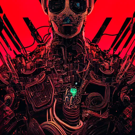 Prompt: concept art of a cyborg, cyberpunk, surrounded by smoke, award-winning art, black on red, hyperrealistic, by Philippe Druillet, by Kilian Eng, by Android Jones, computer screens in the background, trending on Artstation, dark, dramatic, cinematic, realistic studio lighting, raytracing, 4k, professional, canon