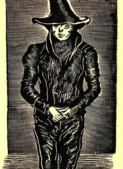 Image similar to perfectly centred realistic portrait of a character dressed in leather tight suit and witch hat, dark, chiaroscuro woodcut