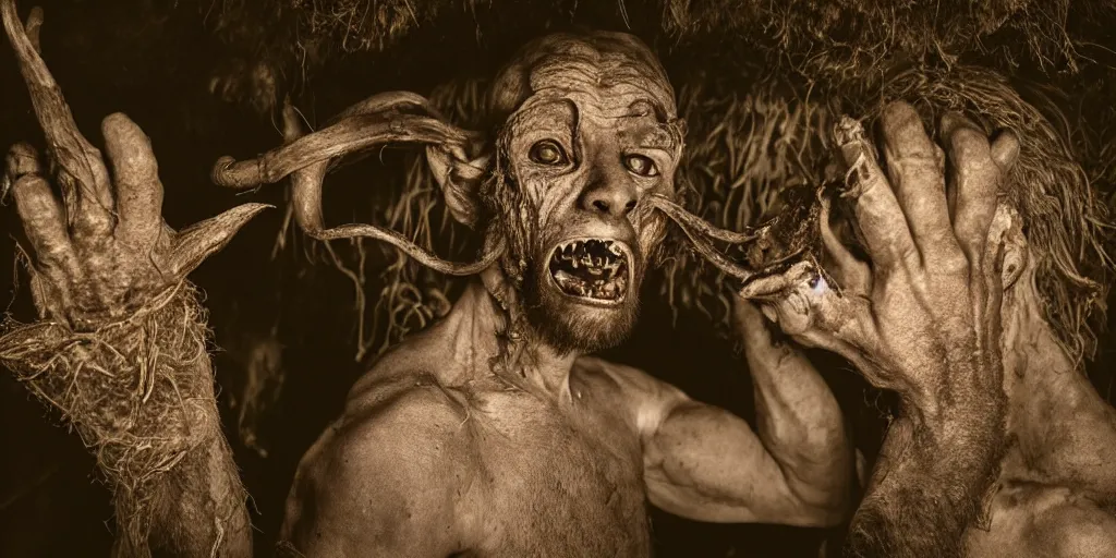 Image similar to historical sharp 4 k photograph of a man turning into a grotesque monster with goathorns and roots growing from his face, in a hut in the alps, dark, eerie, grainy