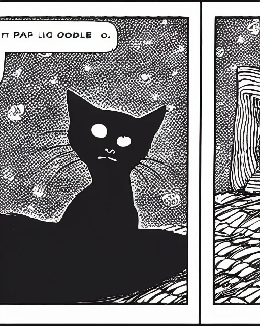 Prompt: three panels from junji ito's 'huge black cat sitting on pillow'