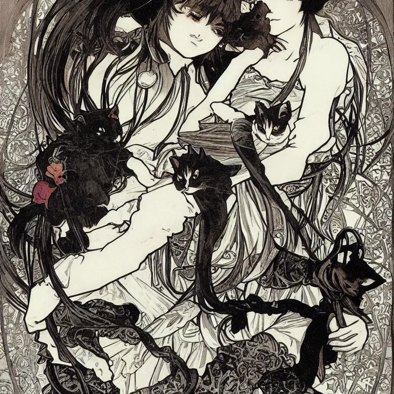 Image similar to gothic lolita and her cat companion. chiaroscuro manga artbook illustration by clamp and alphonse mucha.