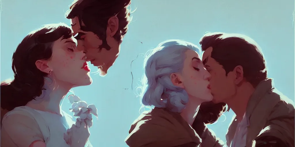Prompt: portrait of dorian kissing elena by atey ghailan, by greg rutkowski, by greg tocchini, by james gilleard, by joe fenton, by kaethe butcher, dynamic lighting, gradient light blue, brown, blonde cream and white color scheme, grunge aesthetic