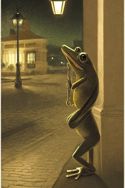 Prompt: a frog playing saxphone alone on a street corner, under a street lamp, at night, painting by edward poynter, trending on artstation