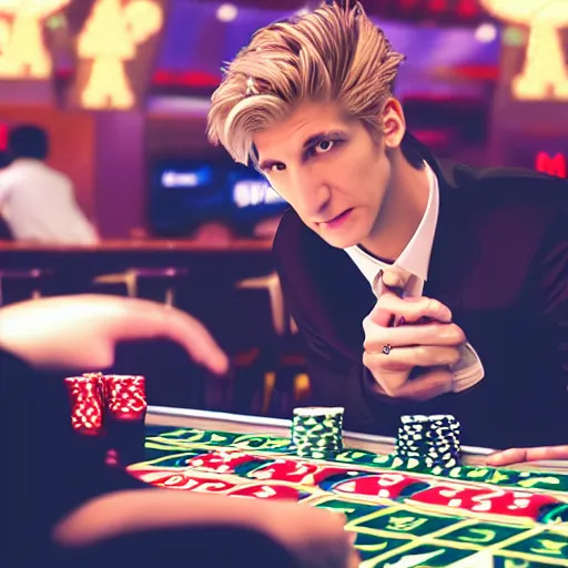 Image similar to film still of xqc gambling in Vegas, 4k, photorealism, artstation style