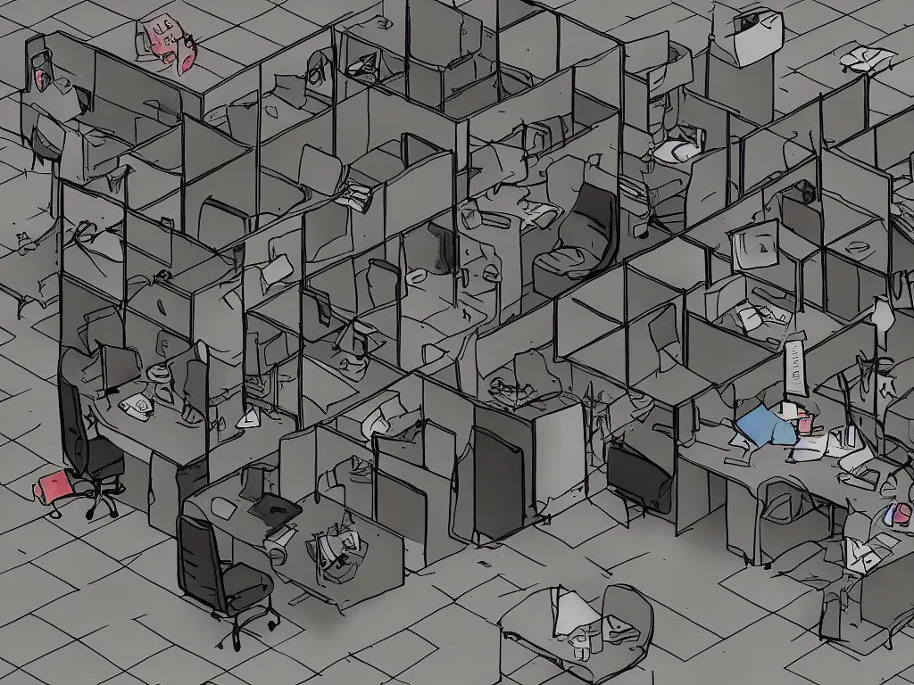 Prompt: madness in 90s cubicle office in the style of Silent Hill