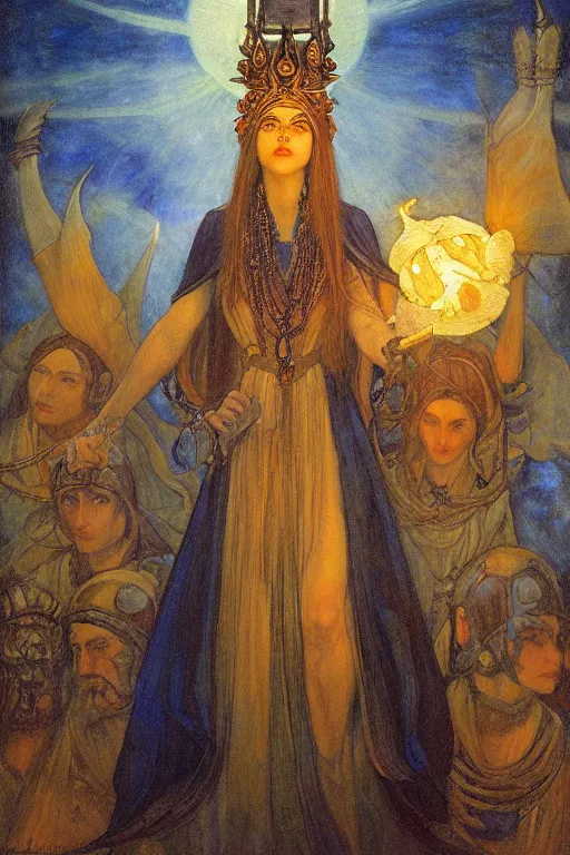 Prompt: queen of the underworld with her lantern and retinue, by Annie Swynnerton and Nicholas Roerich and jean delville, strong dramatic cinematic lighting , ornate headdress , flowing robes, lost civilizations, smooth, sharp focus, extremely detailed