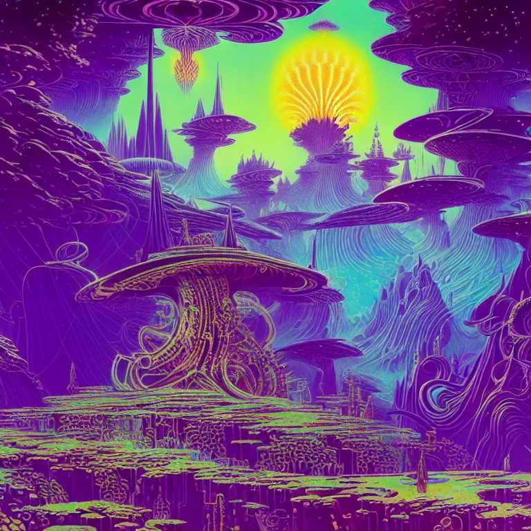 Image similar to mysterious rocket hovers over mythical crystal temple, psychedelic fractal waves, synthwave, bright neon colors, highly detailed, cinematic, eyvind earle, tim white, philippe druillet, roger dean, ernst haeckel, lisa frank, aubrey beardsley