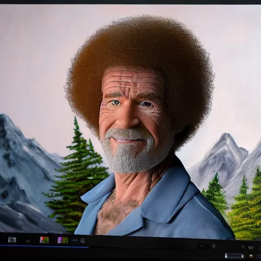 Image similar to a closeup photorealistic photograph of bob ross working on a canvas painting of natalie dormer. film still. brightly lit scene. mountains and trees. this 4 k hd image is trending on artstation, featured on behance, well - rendered, extra crisp, features intricate detail, epic composition and the style of unreal engine.