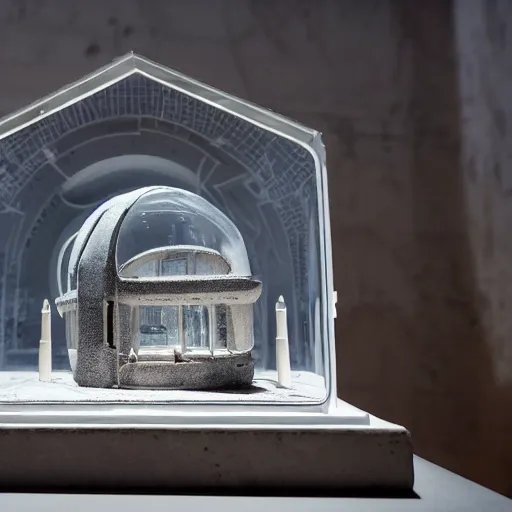 Prompt: a stunning architectural model of a detailed hotel with delicate concrete arches that looks like a crashed portion of the International space station on display in a museum bell jar, highly detailed, product photography, well lit, 8k