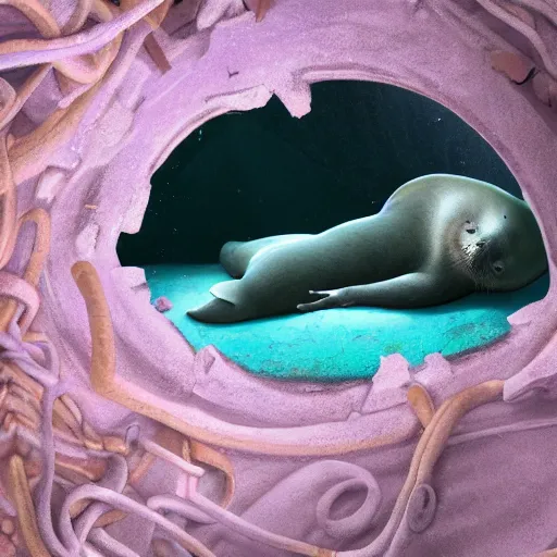 Image similar to Prince in pastel!!!, whimsical acrylic modern pop surrealism, Even Giger-y dark overlords living in the ruins of an ancient system of tunnels and caves like to be comfy every once in a while!, A seal sleeping peacefully in a kelp forest, cinematic, hyper realistic, detailed, 8k, octane render.