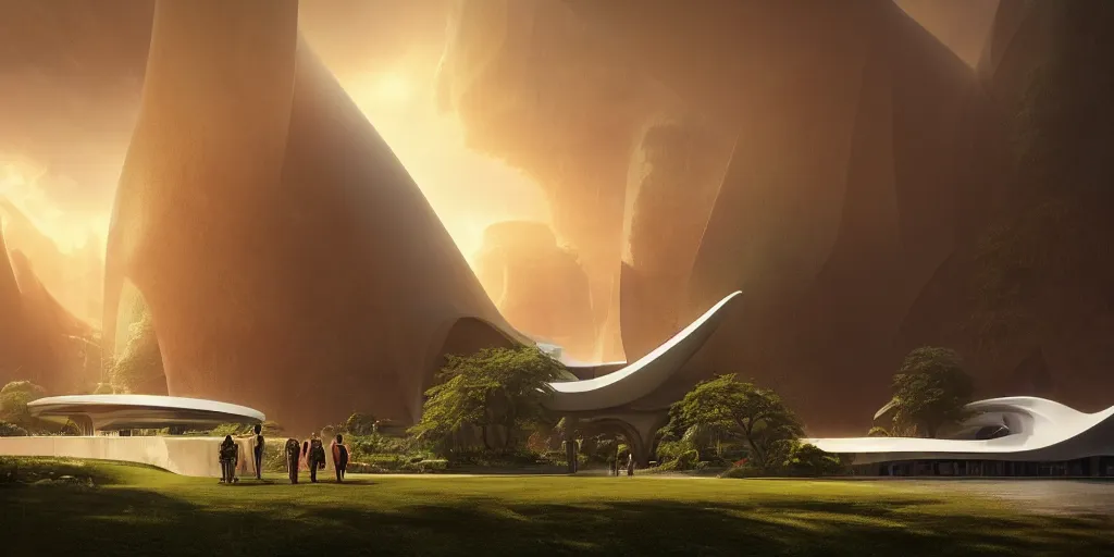 Image similar to garden of eden, by tim blandin and arthur haas and bruce pennington and john schoenherr, big windows architecture by zaha hadid, octane render, warm colour scheme, white, cinematic, scenery, cgsociety, modernism, futuristic, trending on artstation, sci - fi, high detail, high quality, close up angle, people walking