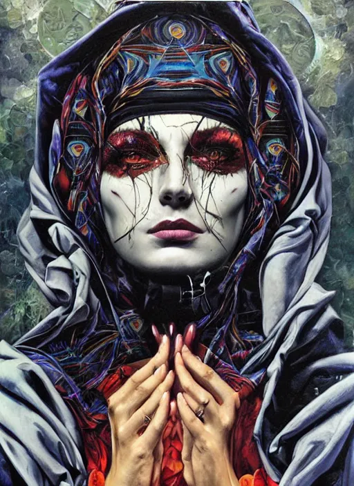 Image similar to powerful tripping cult magic psychic woman, subjective consciousness psychedelic, epic surrealism expressionism symbolism story iconic, dark robed witch, oil painting, robe, symmetrical face, greek dark myth, by Sandra Chevrier, Gerald Brom masterpiece