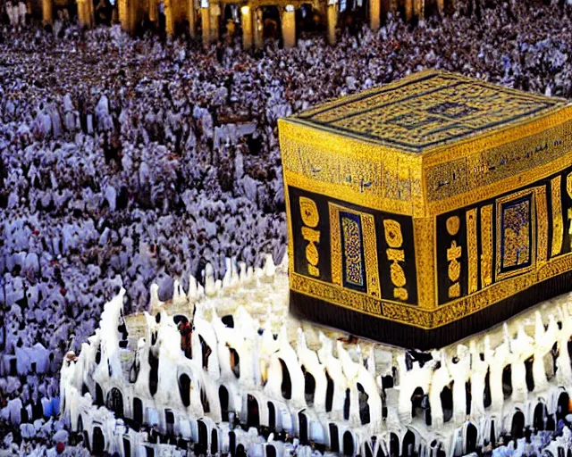 Image similar to The Kaaba (Arabic: ٱلْكَعْبَة, romanized: al-Kaʿbah, lit. 'The Cube', Arabic pronunciation: [kaʕ.bah]), also spelled Ka'bah or Kabah, sometimes referred to as al-Kaʿbah al-Musharrafah (Arabic: ٱلْكَعْبَة ٱلْمُشَرَّفَة, romanized: al-Kaʿbah al-Musharrafah, lit. 'Honored Ka'bah'), is a building at the center of Islam's most important mosque, the Masjid al-Haram in Mecca, Saudi Arabia.[1][2] It is the most sacred site in Islam.[3] It is considered by Muslims to be the Bayt Allah (Arabic: بَيْت ٱللَّٰه, lit. 'House of God') and is the qibla (Arabic: قِبْلَة, direction of prayer) for Muslims around the world when performing salah.