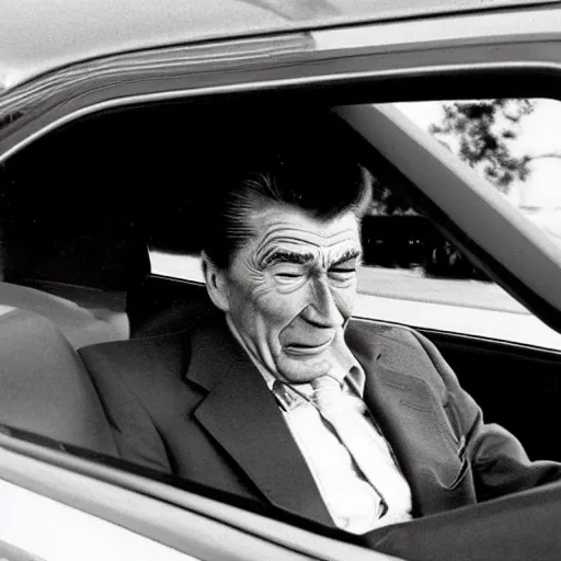 Image similar to “ ronald regan nervously locking his car door as he drives past a black person ”