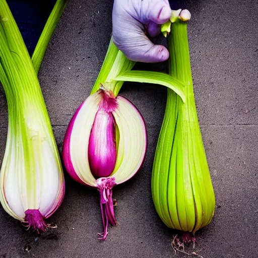 Prompt: Onion Heads gang turf war with the rival Celery Foot gang. Hands can be distinguished by wearing their colours and their onion heads and celery feet. Award winning photography