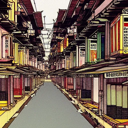 Image similar to a row of shophouses in singapore, art by satoshi kon