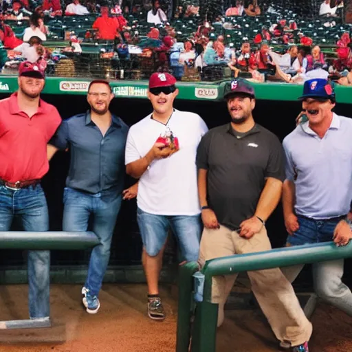Prompt: bachelor party at baseball game. photography. realistic. fun.