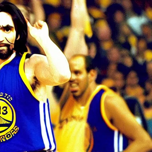 Image similar to nba television footage depicting charles manson coaching the golden state warriors