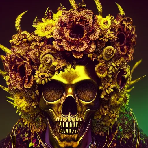 Image similar to a golden skull face african electric shaman with an afro made of flowers, third eye art art by machina infinitum, complexity from simplicity, rendered in octane, mandelbulb 3 d, ambient occlusion, macro photography, tribal, retrowave