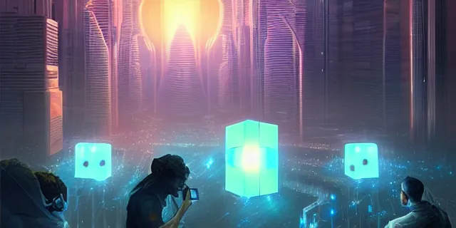 Image similar to a swarm network of glowing futuristic cubes appears in the sky above a cyberpunk dubai city, atmospheric lighting, intricate, volumetric lighting, beautiful, sharp focus, ultra detailed, in the art style of marc simonetti, bowater charlie and brom gerald, astrophotography