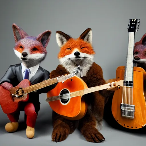 Image similar to music album cover, with foxes animals dressed in suits, holding guitars, on a beach, all looking at camera, studio lighting, 8 5 mm f / 1. 4