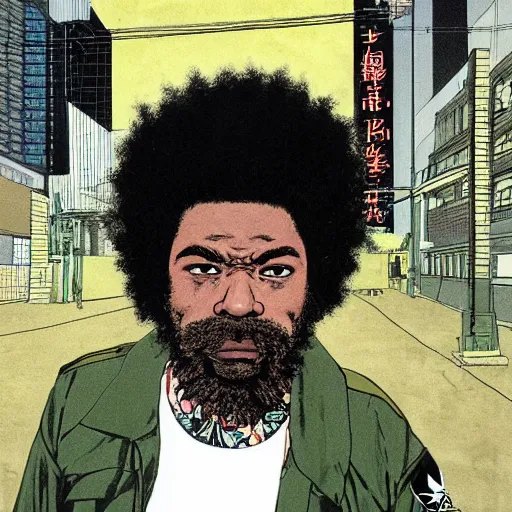 Image similar to illustration by katsuhiro otomo, black man with afro hair, raspy beard stubble, wearing an adidas army green jacket, in the streets of tokyo, akira style, by katsuhiro otomo