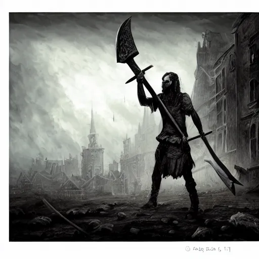 Prompt: extremely detailed and striking dark fantasy illustration of an executioner holding an axe in a town square, apocalyptic sky