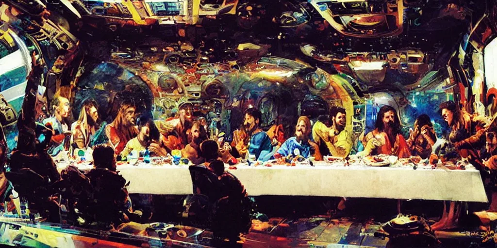 Image similar to the last supper in spaceship by john berkey