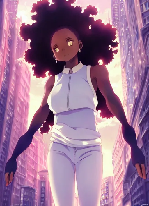 Prompt: beautiful city black woman only, anime style only, happy smile, scenery wallpaper aesthetic, pastel colors only, symmetrical face and full body, cinematic, dramatic, joyful, super detailed and intricate, hyper realistic, by artgerm, by kyoung hwan kim, by ralph mcquarrie, by yoshiyuki tomino