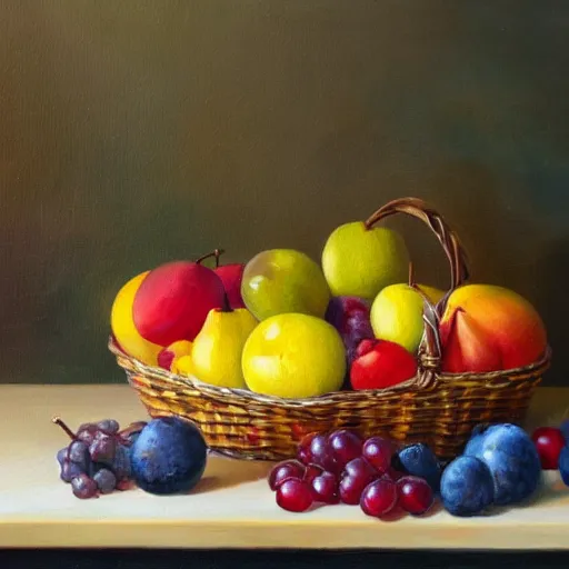 Prompt: a fruit basket on top of a kitchen table, oil panting