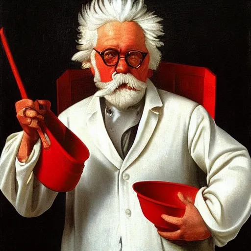 Prompt: Colonel Sanders eating fried chicken out of a red bucket. Painted by Caravaggio, high detail