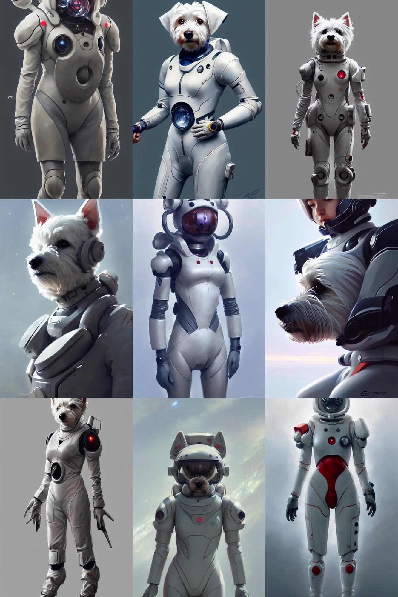 Image similar to hyper realistic painting of an anthropomorphic westie in an eva plugsuit, hyper detailed face, anime, concept art, 4 k, by greg rutkowski, trending on artstation