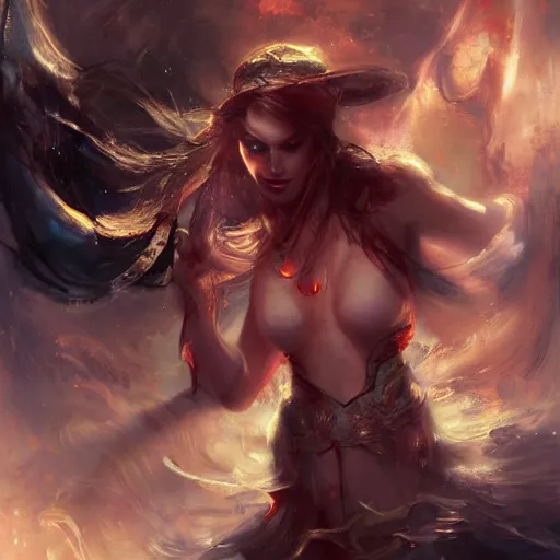 Image similar to enchanting sorcerer painted by Raymond Swanland