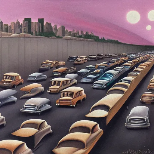 Image similar to a beautiful surrealist painting depicting being stuck in traffic. oil on canvas, 1 9 4 0. trending, high quality, high resolution, detailed