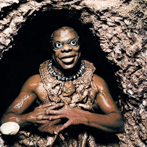 Image similar to photo inside a cavern of a wet reptilian humanoid sun ra partially hidden behind a rock, with black eyes, open mouth and big teeth