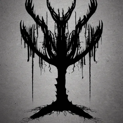 Image similar to black metal band logo, unreadable text, metal font, looks like a tree silhouette, complex, horizontal